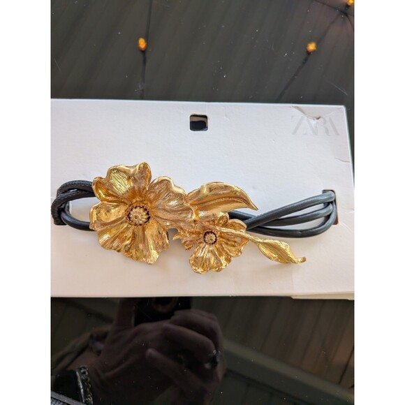 ZARA Belt Women's SS25 Golden Flower Black Cord Statement Glam - Picture 5 of 10